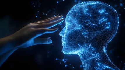 Futuristic digital interaction between a human hand and a holographic human head in a cosmic setting