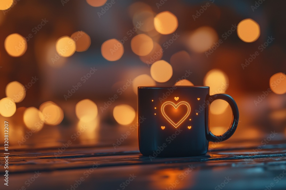 Poster a captivating close-up of a black mug with a glowing heart design, set against a soft bokeh backgrou