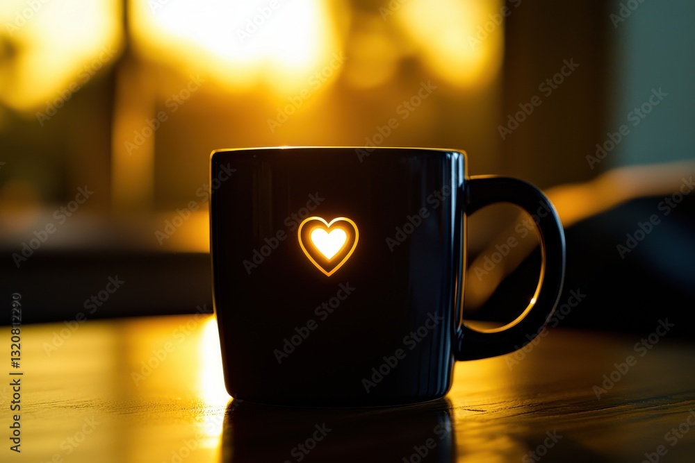 Poster a cozy scene with a dark mug featuring a heart design, illuminated by warm light, set on a reflectiv