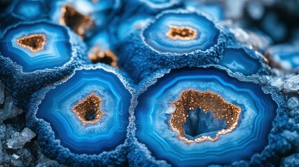 Close-up of vibrant blue agate slices.  Detailed patterns of concentric circles and golden inclusions
