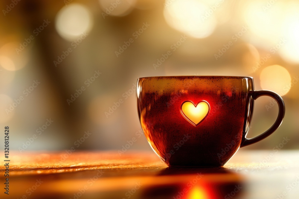 Poster a warm and inviting scene of a mug with a heart cutout, softly illuminated against a bokeh backgroun