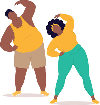 Front View Of Overweight Black Couple In Activewear Standing And Bending Waist To The Side.