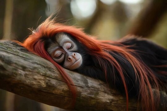 Golden mantled tamarin resting on a branch with its vibrant red and black fur contrasting against the wood - Powered by Adobe
