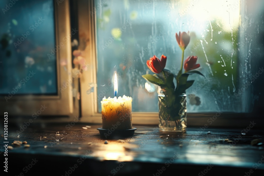 Poster a single candle sits on a table next to a window, casting a warm glow