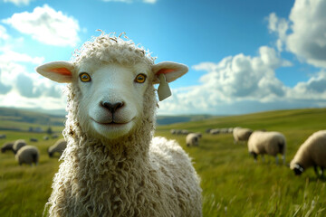Fototapeta premium presence of both livestock and meadows represents harmonious relationship between happy sheep, lush fields, and crucial role they play in agriculture and pastoral customs.