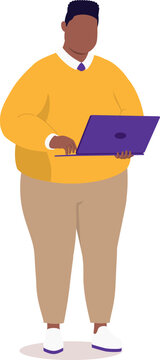 One Plus Size Black Man In Smart Casual Standing And Using A Laptop.