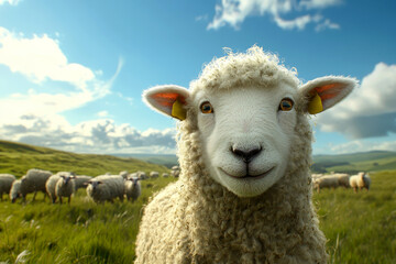 Obraz premium presence of both livestock and meadows represents harmonious relationship between happy sheep, lush fields, and crucial role they play in agriculture and pastoral customs.