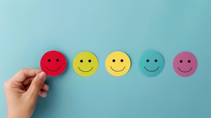 Vibrant Paper - Cut of Hand Picking a Happy Smile Face: Embodying Positive Customer Reviews, Mental Health Assessment, and Child Wellness