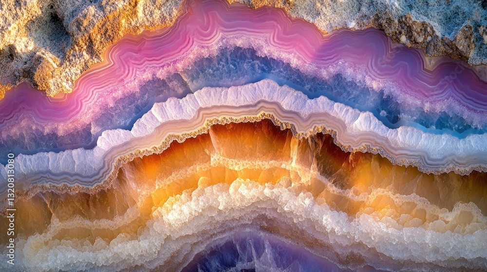 Aufkleber close-up view of a vibrant, multicolored agate slice, showcasing intricate banding and layering of v