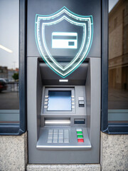 Modern ATM Machine with Security Shield Symbol and Digital Interface Display