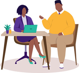 Plus Size Black Man Meeting With A Female Financial Consultant.