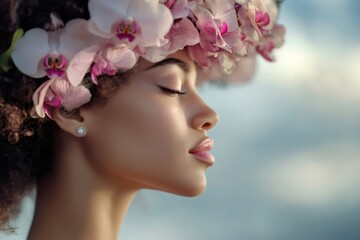 Fototapeta premium Profile of a beautiful woman with closed eyes and a crown of orchids, wearing diamond earrings, enjoying a peaceful moment