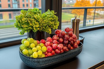 A close-up of a decorative bowl with green and red grapes, next to a lettuce in a vase, sitting on a counter near a window in an apartment.
