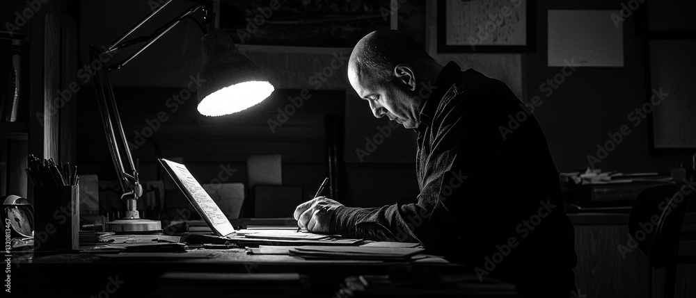 Poster a person sitting at a desk with a laptop open, likely working or studying