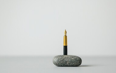 Gold And Black Fountain Pen Nib On Gray Stone Against White Background