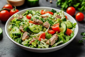 Hearty salad with lettuce, cabbage, cucumber, and flavorful meat pieces, shown from a bird’s eye perspective
