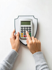Person Using Keypad on Security System with Shield Design on White Background