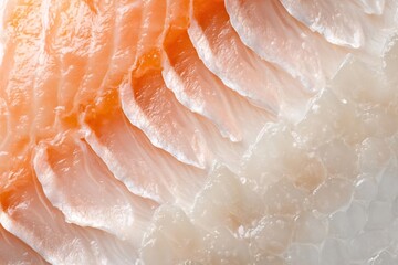 Fototapeta premium Macro photography showcasing the delicate, flaky texture of a fresh fish fillet, highlighting its natural color and moistness