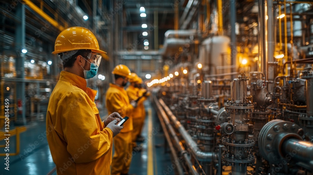 Poster Workers in yellow protective gear monitor machinery and control systems in an automated petrochemical refinery. The environment reflects active engineering and synthesis processes.