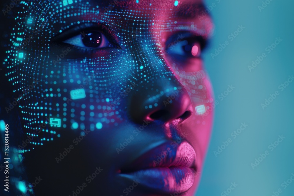 Poster a close-up of a woman's face with digital data overlay, representing artificial intelligence and the
