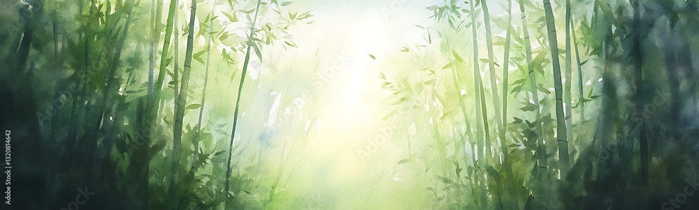 Poster bright forest scene with ethereal light filtering through tall trees.