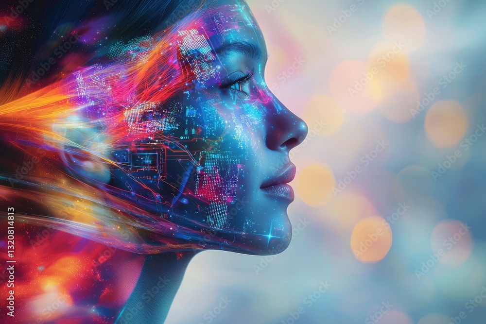 Aufkleber futuristic ai woman with digital interface, neural network, and circuit design, representing advance