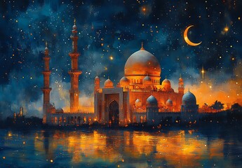 Illuminated Mosque with Crescent Moon Reflected on Calm Waters