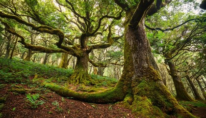 Deep forest with towering oak trees, their gnarled branches reaching high, covered in moss and lichens.