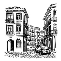 Fototapeta premium Engraved vector illustration of a bustling urban street featuring historic buildings and classic cars at twilight