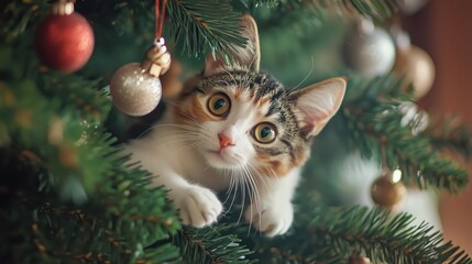 Curious cat peeking out from a decorated Christmas tree with festive ornaments