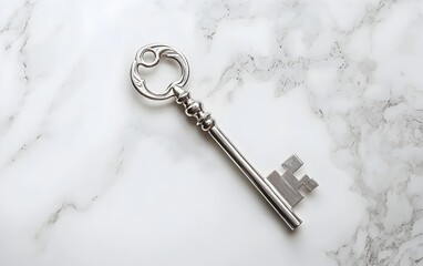 Old Key on Marble Surface: A vintage-inspired metal key rests on a pristine marble surface, bathed in natural light, symbolizing access, unlocking potential, and the promise of new beginnings.