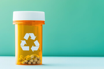 Eco friendly medical pill bottle with yellow capsules, promoting sustainability and recycling. This highlights importance of responsible medication disposal