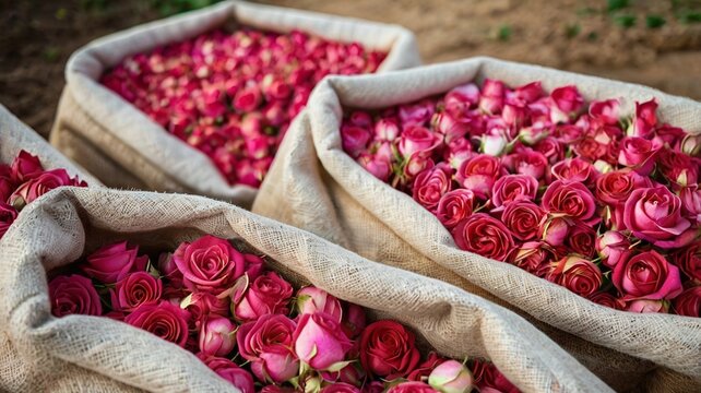 Rose flowers in sacks for distillation,