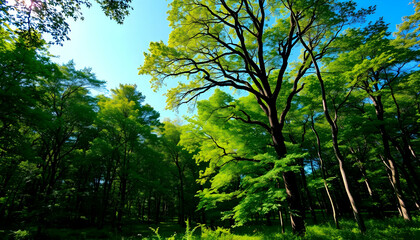 Obraz premium Lush Green Forest Under Bright Blue Sky with Vibrant Sunlight