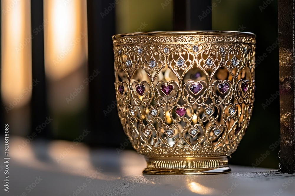 Poster close-up of an ornate golden cup with intricate heart patterns and gem embellishments, standing in s