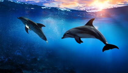 Two dolphins swim gracefully underwater, illuminated by sunlight breaking through the surface, creating a serene ocean scene.