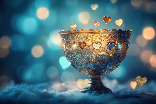 A shimmering blue and gold decorative chalice with heart accents, surrounded by floating golden hearts on a dreamy bokeh background, romantic setting, love concept.