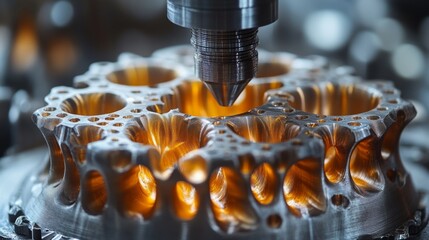 Precision machining of complex metal parts is ongoing in a high-tech factory. The process showcases advanced engineering techniques for efficiency and accuracy.