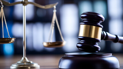 A gavel and scales of justice accompanied by a protective shield, symbolizing fairness, law, and protection in the legal system.
