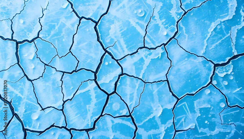 Poster Beautiful Ice Surface with Cracks and Patterns in Blue Background