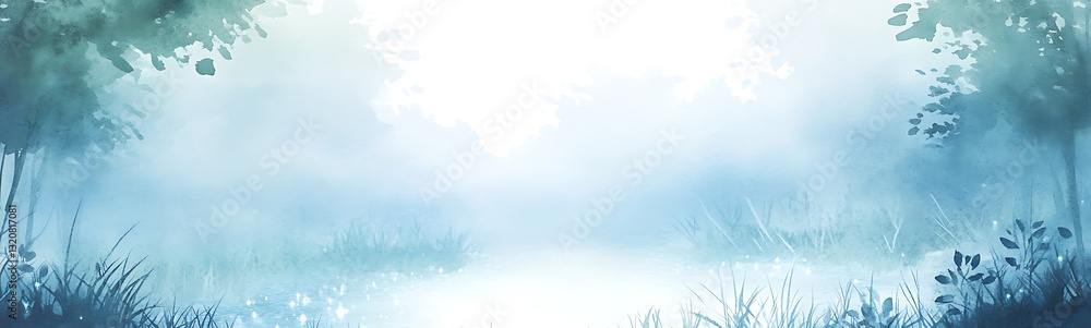 Poster misty landscape with soft colors and trees surrounding a tranquil body of water.