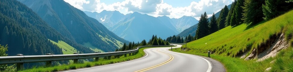 Curving asphalt road through Austrian alpine landscape , drive, austrian alps, sky