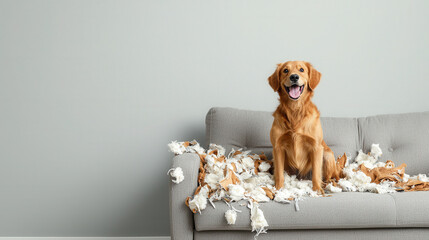 dog sits on destroyed couch surrounded by mess of shredded fabric, showcasing playful and mischievous expression. scene captures chaos of pet playful antics