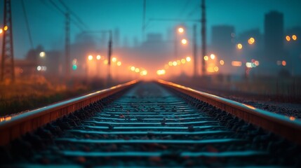 Fototapeta premium Metal rails glisten as warm lights of the city peek through the descending fog. The tranquil evening atmosphere invites reflection on distant travels and adventures yet to come