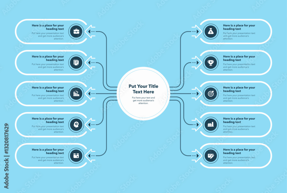 Aufkleber Flowchart infographic with central circle and ten options - blue version. Flat chart design with thin lines for website or data presentation.