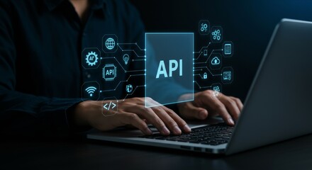 Hands on laptop with API icon, tech symbols.