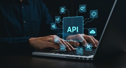 Hands on laptop with API icon, tech symbols.