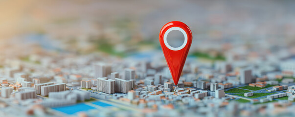 stylized miniature city with prominent red location pin, symbolizing geofencing technology and urban mapping. This captures essence of modern navigation and city planning