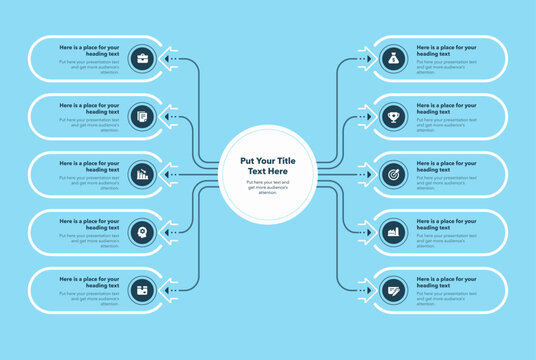 Flowchart infographic with central circle and ten options - blue version. Flat chart design with thin lines for website or data presentation.