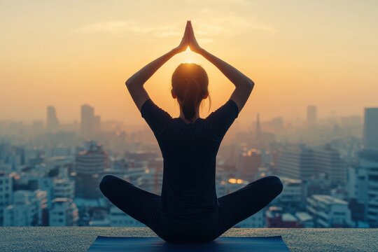 Woman in yoga pose against urban sunrise, promoting mindfulness and healthy lifestyle in a vibrant city, fostering calm and balance in daily life.